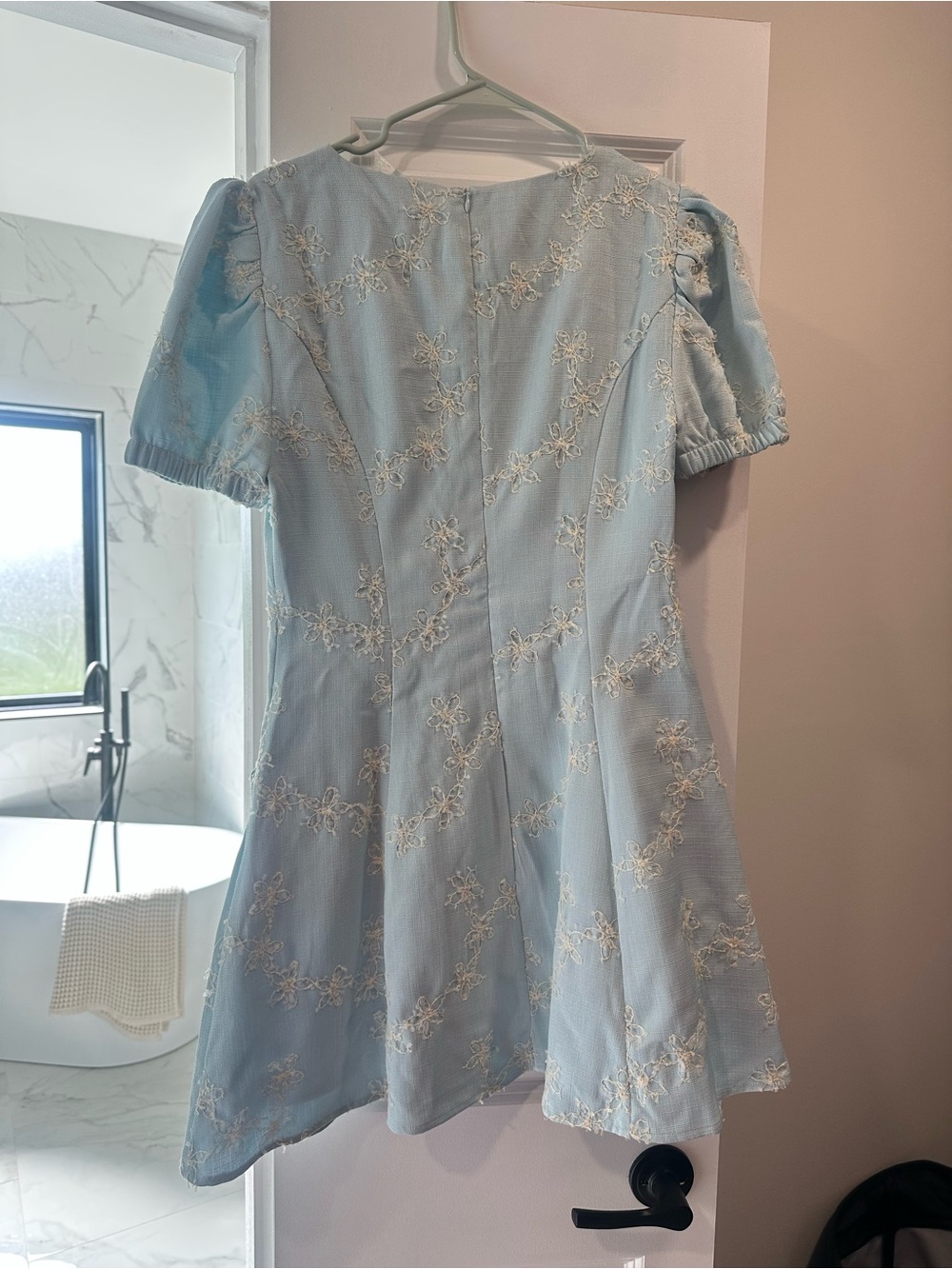 Womens Light Blue Puff Sleeve Floral Embroidered Dress - Picture 3 of 3